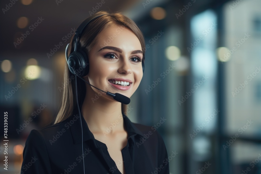 Dressed for success, the Scandinavian customer service agent with a headset smiles warmly, projecting approachability and professionalism. Dressed for success, the Scandinavian customer service agent with a headset smiles warmly, projecting approachability and professionalism.