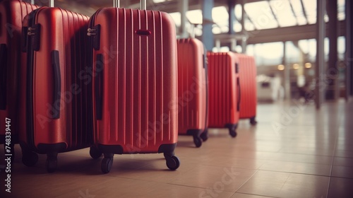 Business travel planning and flight booking concept with luggage suitcases at airport