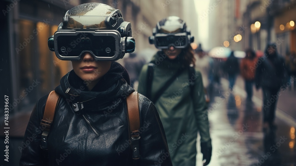 Lost in the digital embrace of virtual reality, individuals wearing VR goggles meander through city streets, lost in their own worlds. - obrazy, fototapety, plakaty 