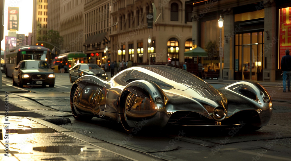 Futuristic Silver Car Parked on City Sidewalk at Dusk Futuristic Silver Car Parked on City Sidewalk at Dusk