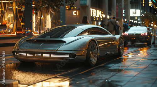 Futuristic Silver Car on City Street at Twilight © swissa