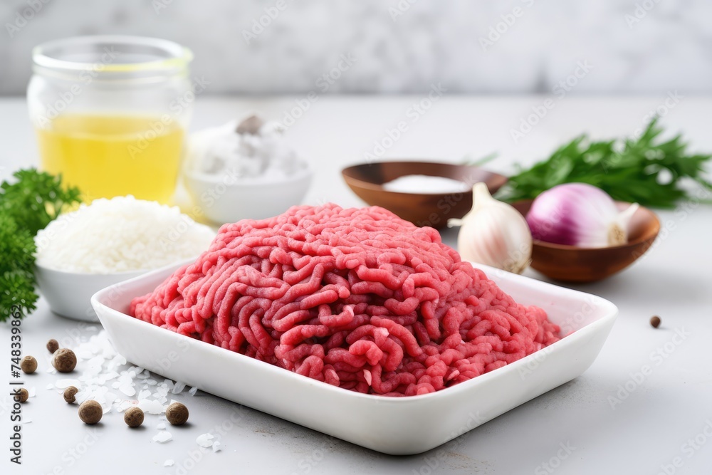 Minced Meat, Onions, Eggs on White Table, Ground Fresh Meat Fillet, Uncooked Red Mincemeat, Raw Veal Minced Meat, Onions, Eggs on White Table, Ground Fresh Meat Fillet, Uncooked Red Mincemeat, Raw Veal