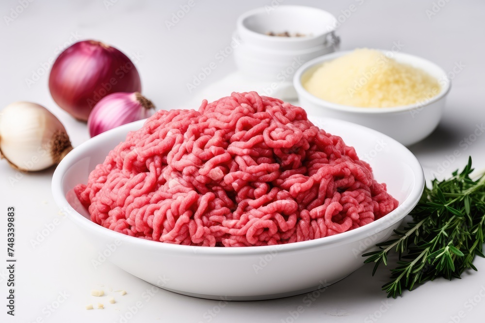 Minced Meat, Onions, Eggs on White Table, Ground Fresh Meat Fillet, Uncooked Red Mincemeat, Raw Veal Minced Meat, Onions, Eggs on White Table, Ground Fresh Meat Fillet, Uncooked Red Mincemeat, Raw Veal