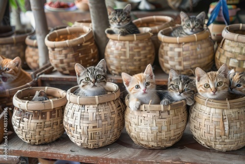 Many Cats in Wicker Baskets on Handicraft Market, New Wickerwork, Cat in Hand Made Basket