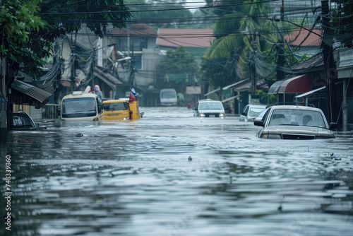 Megafloods in City, Big Flooding, People on Roofs, Floating Cars in Flood City