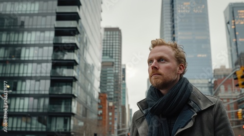 A Scandinavian man, his fair complexion contrasting starkly with the steel and glass behemoths, stands in the heart of the metropolis. © GoLyaf