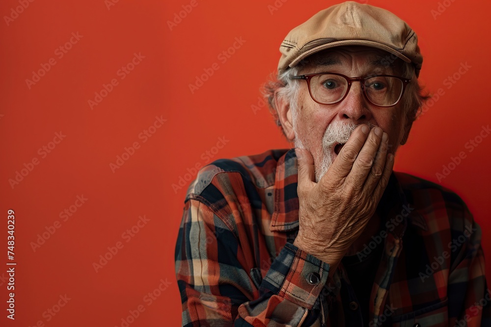 embarrassed senior man covering mouth with hands - obrazy, fototapety, plakaty 