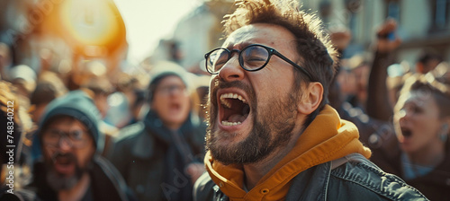 Man Shouting Among a Crowd on a Sunny Day