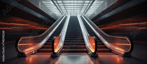 An escalator in a subway station is seen illuminated by vibrant red lights, creating a striking visual effect in the underground facility. Passengers are seen riding up and down the escalator, photo
