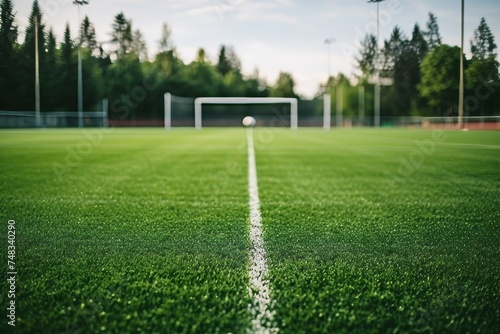 Soccer field with artificial turf, goal net shadow, green synthetic grass for sports background