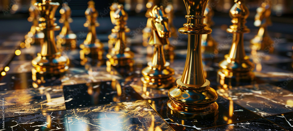 Elegant Gold Chess Pieces on Luxurious Board Game Elegant Gold Chess Pieces on Luxurious Board Game