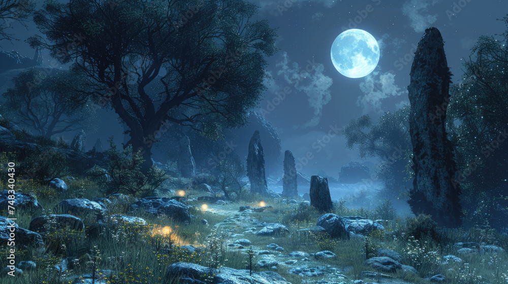 Moonlit Stone Circles in a Midnight Meadow Moonlit Stone Circles in a Midnight Meadow