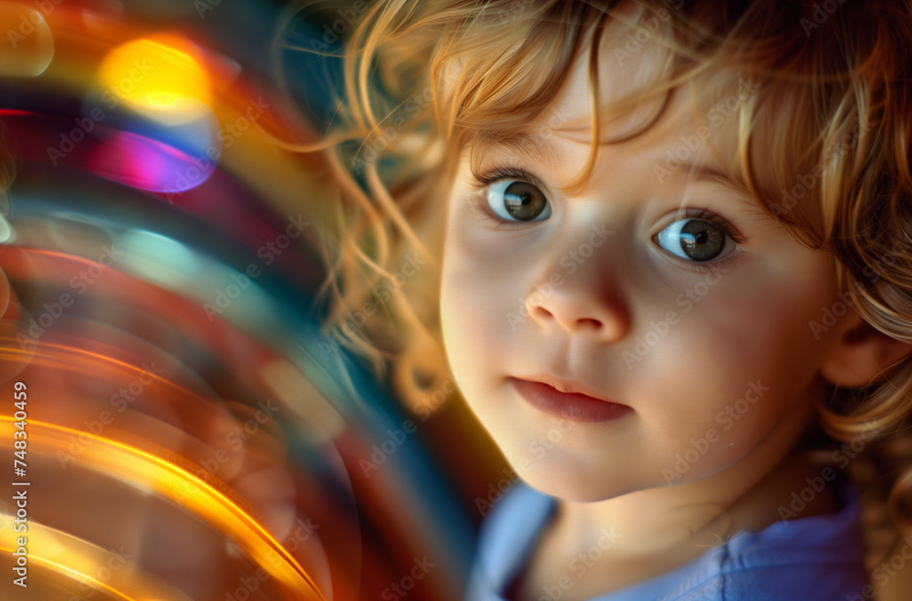 Curious Toddler with Colorful Light Swirls Curious Toddler with Colorful Light Swirls