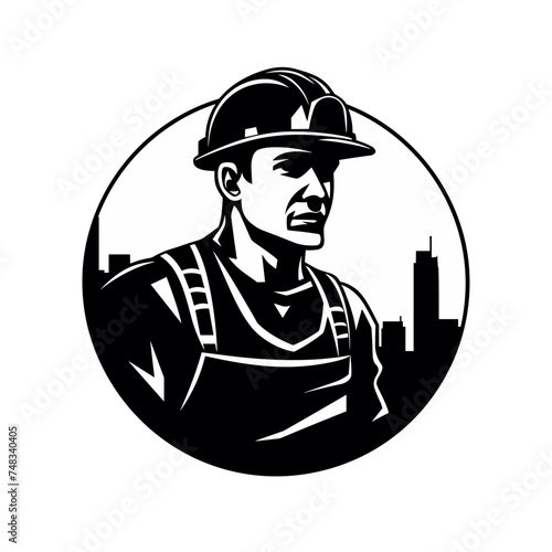 construction worker with helmet man wearing a cask icon black and white vector illustration isolated transparent background logo, cut out or cutout t-shirt print design
