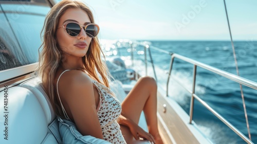 A vision of beauty, the girl lounges on a lavish yacht, embraced by the endless ocean, epitomizing the essence of luxurious escapism.