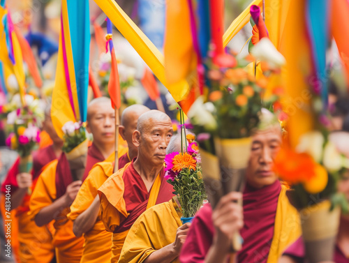 Monks and devotees carrying colorful flags and flowers in a serene Vesak procession, illustrating the devotion and reverence of the occasion