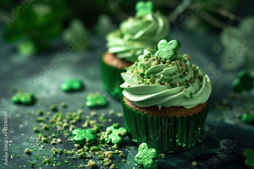 a cupcakes with green frosting and shamrocks