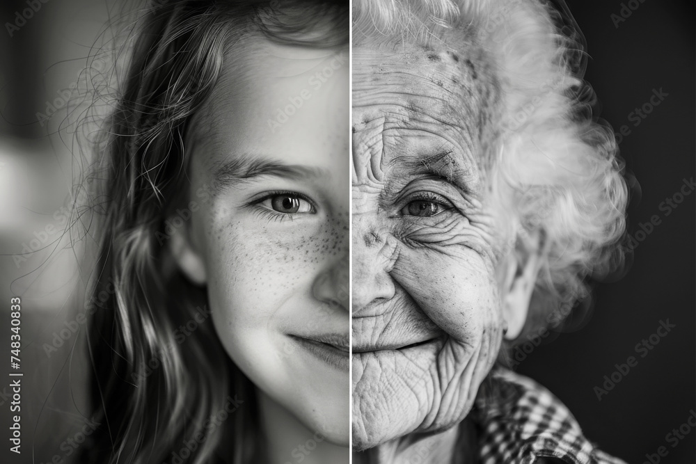 Half Young Girl and Half Old Woman Concept of Aging in Black and White ...