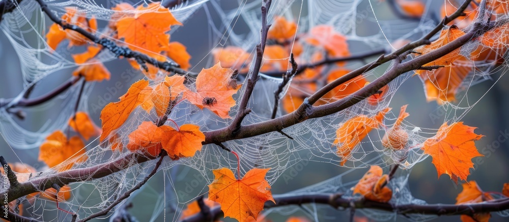 Spider web intricately woven among orange leaves on a tree during autumn. The delicate web glistens in the sunlight against a backdrop of colorful foliage. Spider web intricately woven among orange leaves on a tree during autumn. The delicate web glistens in the sunlight against a backdrop of colorful foliage.