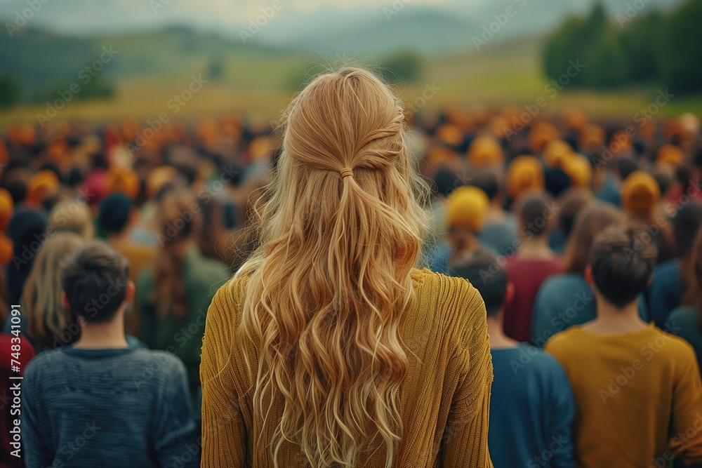 Stand out from the crowd concept with blonde woman standing out from large crowd of people  - obrazy, fototapety, plakaty 