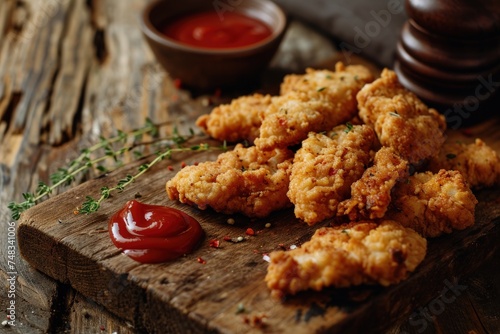a plate of fried chicken with ketchup and herbs photo