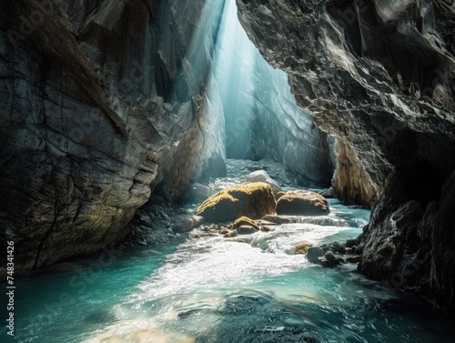 a river flowing through a cave
