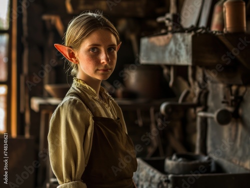 a girl with elf ears standing in front of an old machine © sam