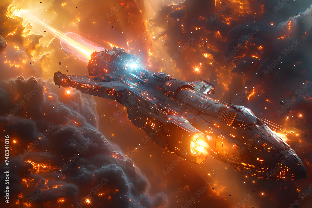 A futuristic spaceship flying through a colorful galaxy. A futuristic spaceship flying through a colorful galaxy.