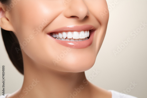 A photo portrait of a beautiful woman, smiling with clean teeth, perfect teeth