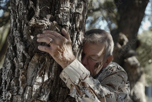 An elderly individual hugging a tree with face obscured, symbolizing a deep connection with nature