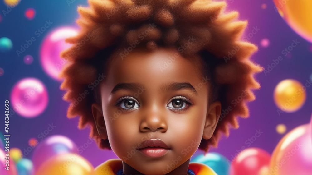 Cute little african american kid girl on abstract  background. Pop art portrait happy afro child. Illustration for postcard