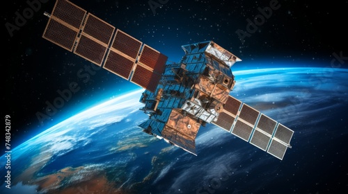 Futuristic telecom satellite orbiting earth with gps for internet connection and space services