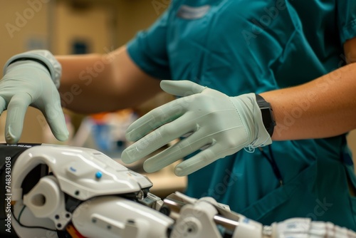 Close-up of a medical worker's gloved hands operating a sophisticated robotic arm