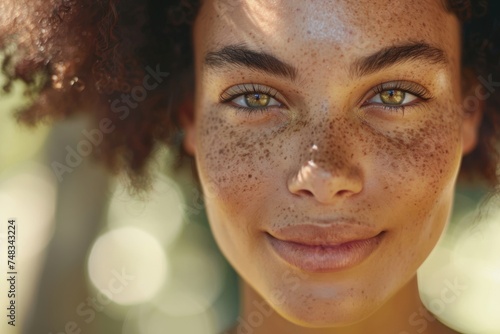 A vibrant close-up shot of a cheerful young woman with green eyes, freckles, and curly hair lit by natural sunlight