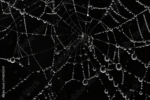 The intricate web of a spider is highlighted by shimmering dewdrops against a contrasting dark background, evoking mystery and delicacy