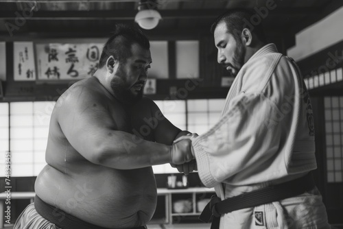 Two sumo wrestlers in a Japanese dojo, engaging in a traditional hand clasp technique before a match photo