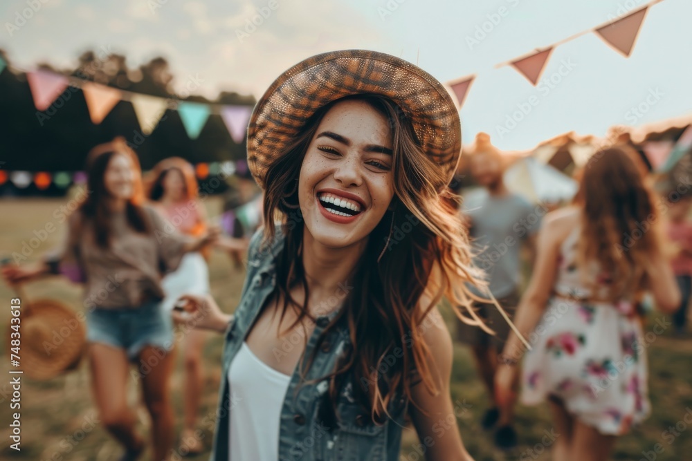 A joyous young woman, wearing a stylish hat, laughs and looks carefree amidst a festival with people and flags in the background