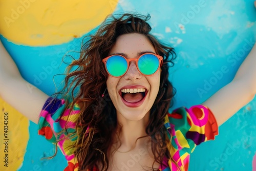 A woman with bright colorful attire and sunglasses is laughing against a vibrant blue background with arms raised