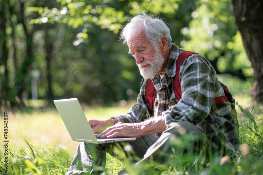 Senior male engages with technology amidst the tranquility of a lush green park, illustrating the balance of nature and the digital world Senior male engages with technology amidst the tranquility of a lush green park, illustrating the balance of nature and the digital world