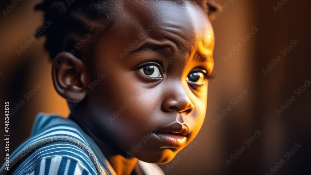 Sad african american kid boy on blurred abstract background. Portrait photography angry black kid