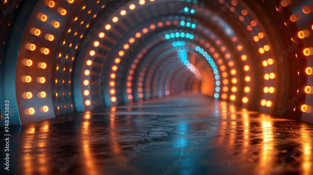 Futuristic tunnel with illuminated circular, conveying a sense of modern architecture or sci-fi environment. - obrazy, fototapety, plakaty 