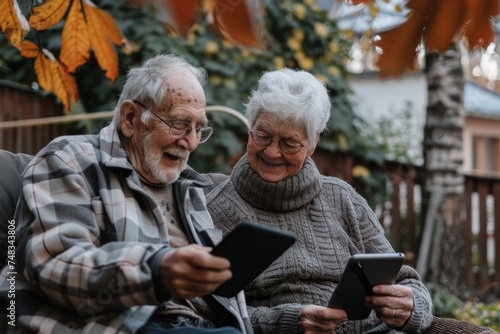 A heartwarming scene of an elderly couple laughing together while using digital tablets outdoors