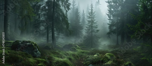 The image shows a foggy forest filled with numerous trees, creating a mystical and atmospheric scene. The dense fog envelops the trees, giving a sense of mystery and intrigue to the landscape.