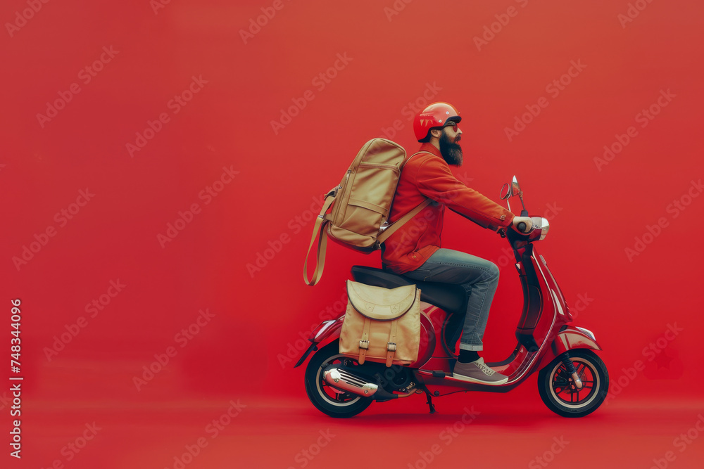 A rider on a red scooter with a backpack on a vivid red background exhibits simplicity and urban commuting A rider on a red scooter with a backpack on a vivid red background exhibits simplicity and urban commuting