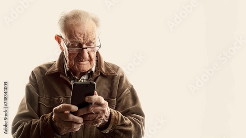 A senior man engages with technology by using a smartphone with a clear and bright backdrop, face not visible © ChaoticMind