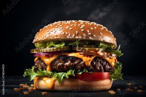 Delicious cheeseburger on a black background
