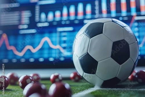 soccer ball on the background of a display with analytics and statistics graphs