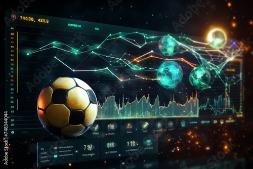 soccer ball on the background of a display with analytics and statistics graphs © viktorbond