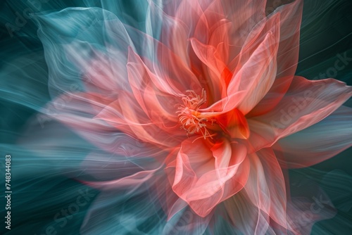 Blossomed flowers in the style of abstracted photography in light red and light aquamarine colors. Surreal still life composition in motion blur