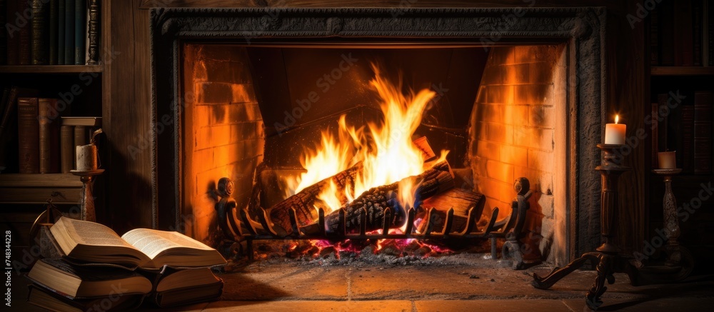 A fire crackles in a fireplace, casting a warm glow on the room. A book rests on the floor nearby, waiting to be picked up and enjoyed on a cozy evening.